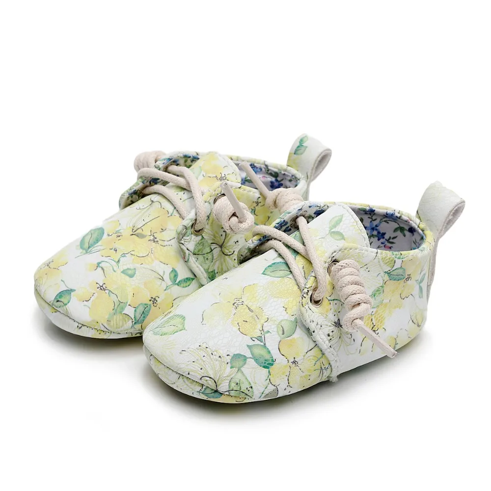 

Newborn Baby Girls Boys Shoes Print Flower Hard Sole Lace-up Toddler PU Seude Leather Baby Moccasins First Walkers Shoes