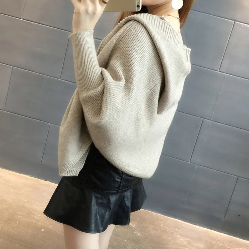 

new 2019 Korean version autumn winter women knitwear hooded coat Bat sleeve casual Solid color short knit coat cc18