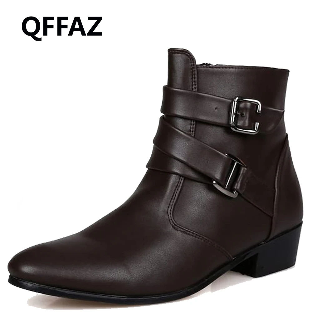 QFFAZ Men Boots Pointed Toe Breathable Patterns Oxford Dress Shoes men's autumn leather boots zip botas masculina Big Size 39-46 | Обувь