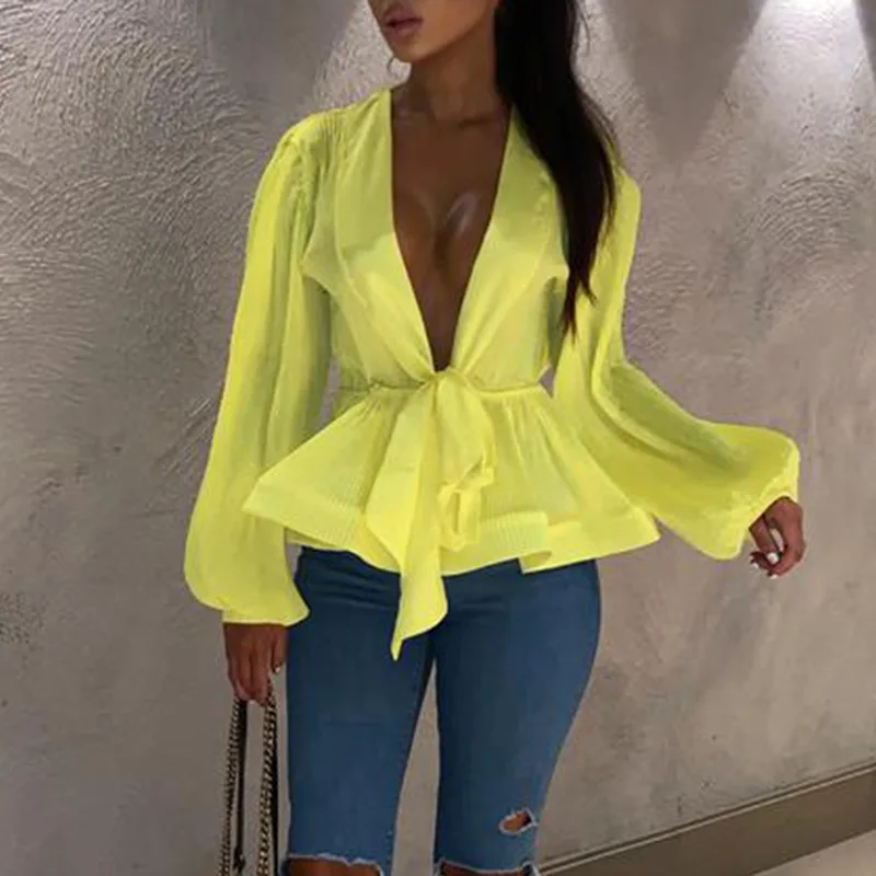 2019 New Women Sexy Deep V-Neck Lace-Up Lantern Sleeve Florescence Summer Beach Tops Shirts |