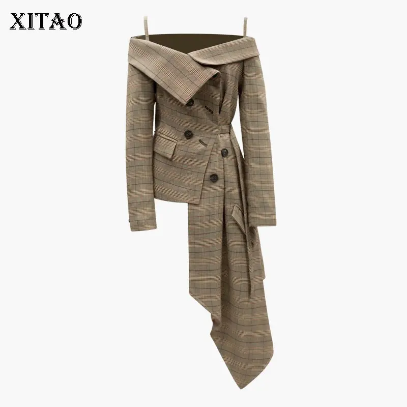 XITAO женское сексуальное мини-платье с открытыми плечами женское асимметричное клетчатое винтажное платье с длинными рукавами с почками новое летнее LJT3858