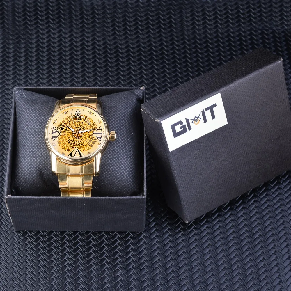 Часы наручные Forsining Мужские механические креативные золотистые часы-скелетоны с