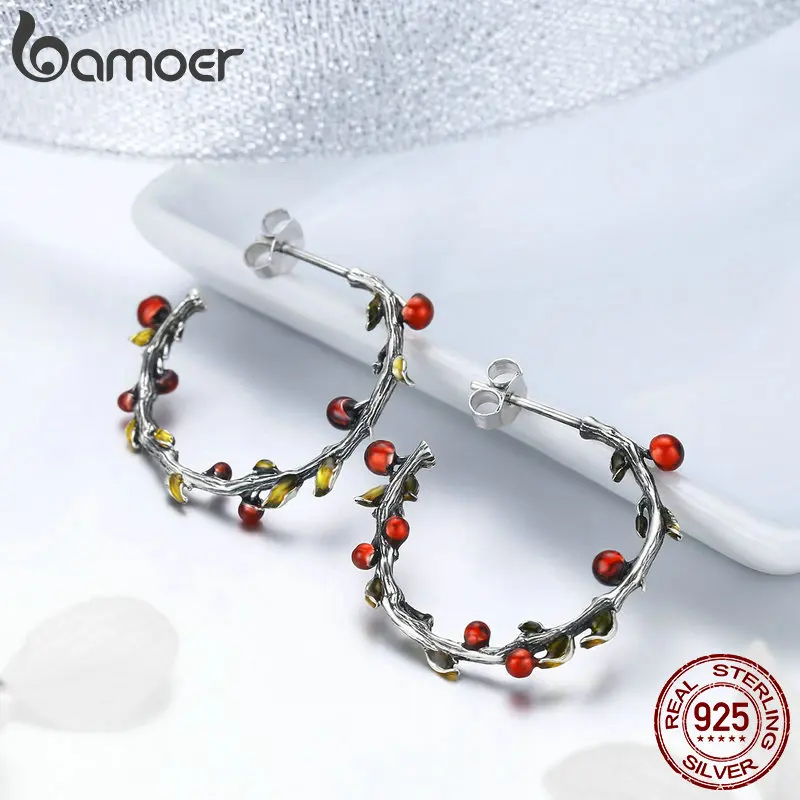 BAMOER подлинные 925 пробы серебряные осенние серьги-кольца для женщин с листьями дерева, корейские серьги, ювелирные изделия SCE443