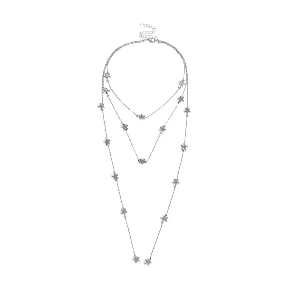 silver color Многослойное ожерелье-чокер с кисточками и звездами для женщин, подчеркивающее индивидуальность, позолоченные небесные элементы - Окраска металла: silver color