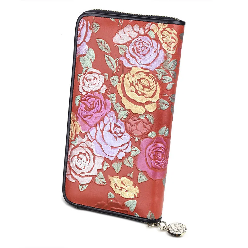Красный Длинный кошелек из натуральной кожи на молнии с тиснением в виде цветка