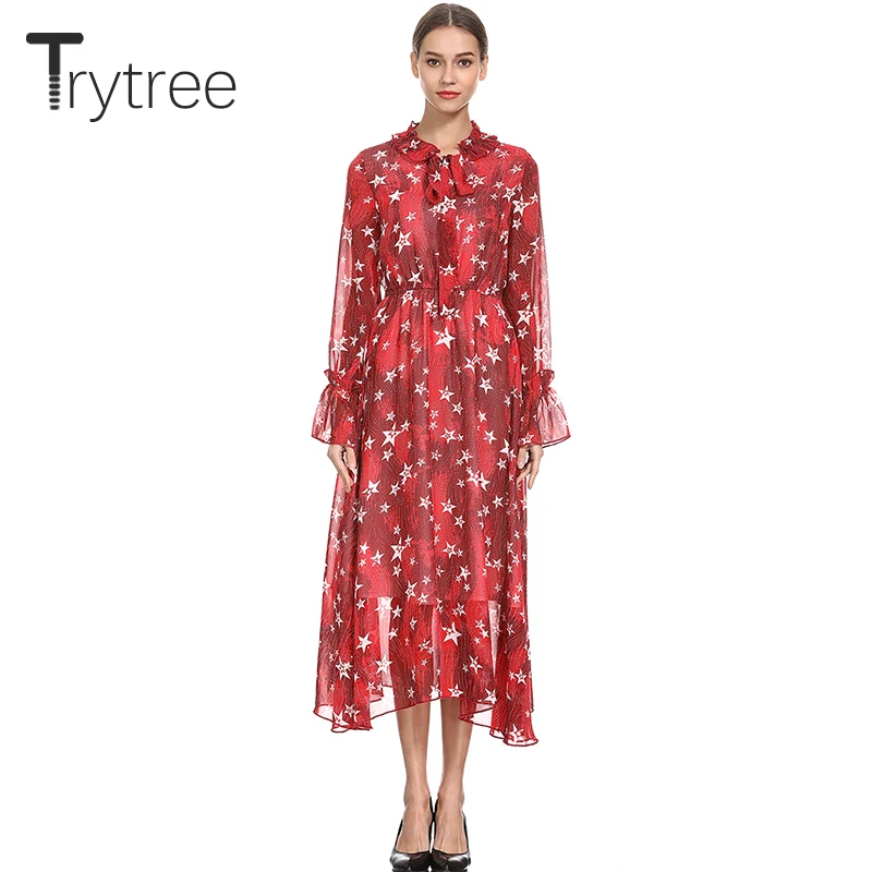 Trytree лето осень платье повседневное полиэстер принт звезда женские платья Бант