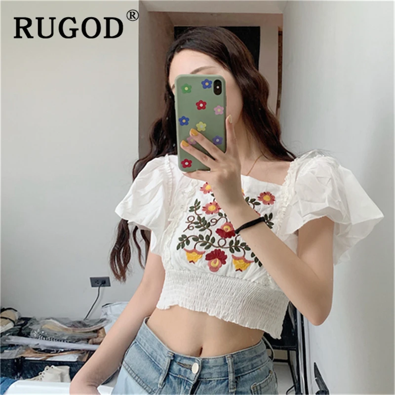 RUGOD шик вышивка короткая белая блузка Женская мода свитер с рукавами-клеш Топы