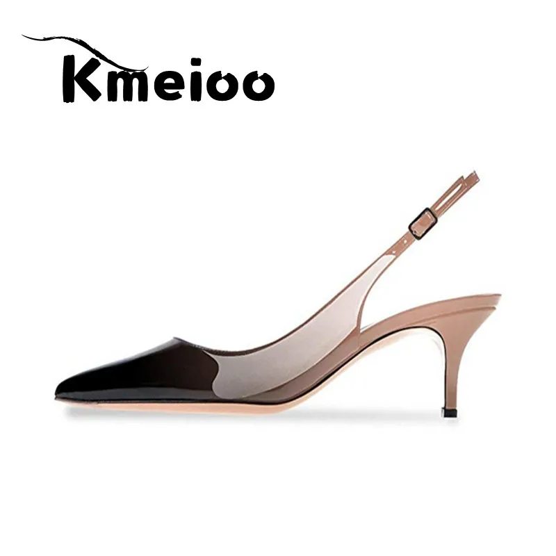 Nude Black-patent Kmeioo/пикантные женские туфли-лодочки с леопардовым принтом на тонком каблуке, женская обувь для вечеринок, Брендовые женские туфли-лодочки с острым носком и ремешком на щиколотке, большие размеры - Цвет: Nude Black-patent