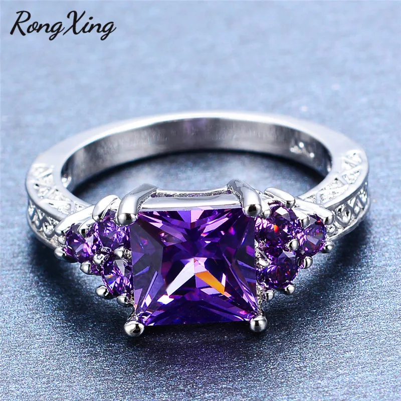 RongXing 8 мм квадратное фиолетовое/красное женское свадебное кольцо с камнем
