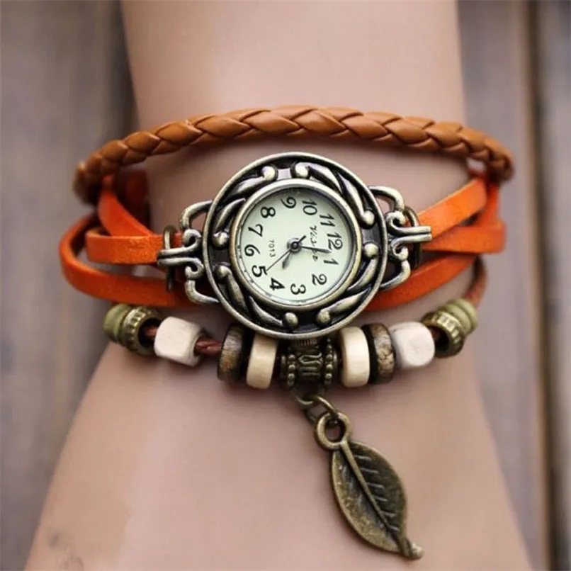 Новинка 6 шт. женские часы винтажный браслет наручные с подвеской в виде листа для