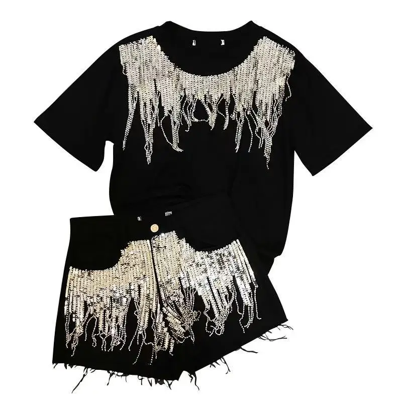 Лето 2019 тяжелая работа блестящая футболка с кисточками стразы из бисера бахрома