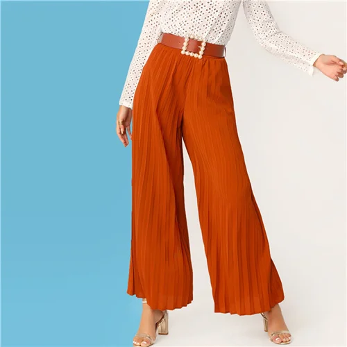 Orange Sheinside оранжевые плиссированные широкие брюки женские Весенние длинные брюки с высокой талией Женские однотонные жемчужные брюки с поясом - Цвет: Orange