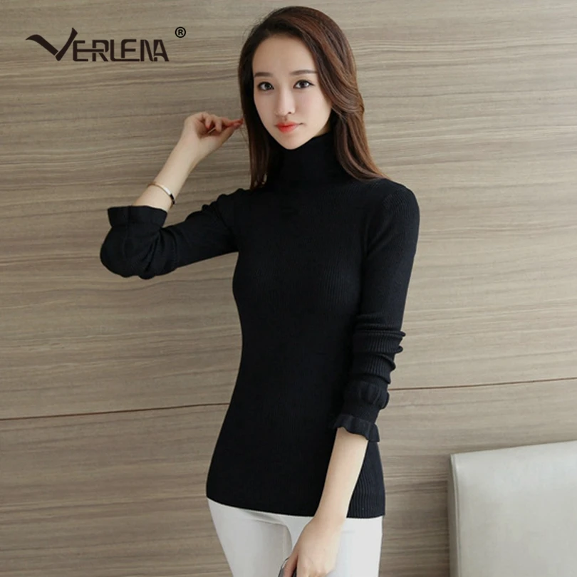 Verlena 2019 Soft Turtleneck Basic Women Sweater Long Sleeve Rib Stretch Knit Black Pullovers Ruffle Flare Cuff Autumn Jumper | Женская