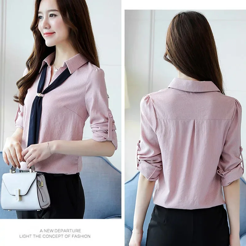 Formal Office Ladies Tops Striped Print Turn-Down Collar Ties Chiffon Blouses Women Shirt wear DD2344