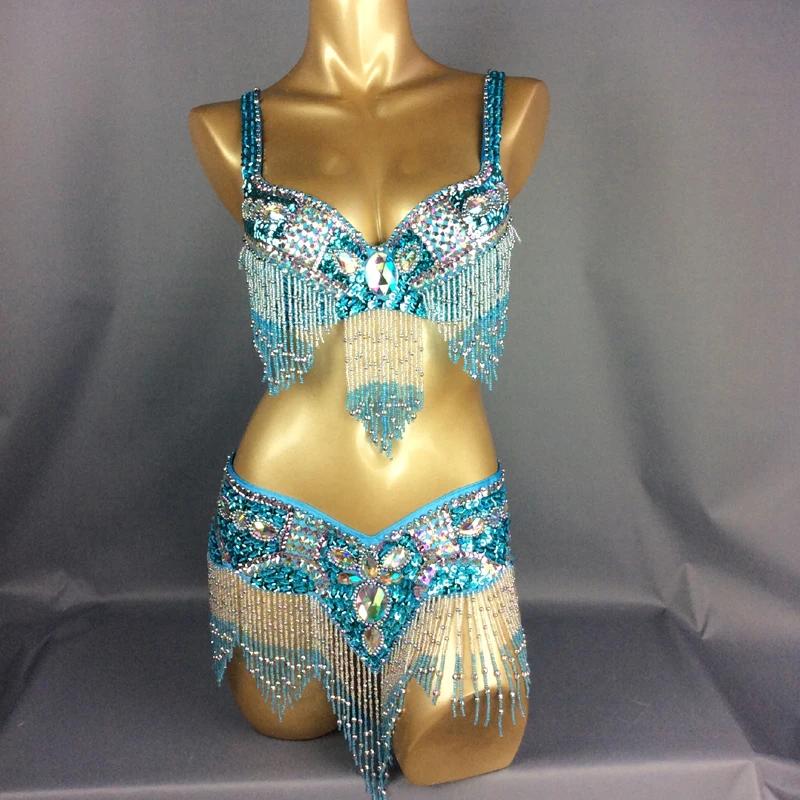 New Women's Beaded Sequins Belly Dance Costume Wear BRA BELT 2pc Set Showgirl Ladies Bellydancing Costumes Bellydance Clothes