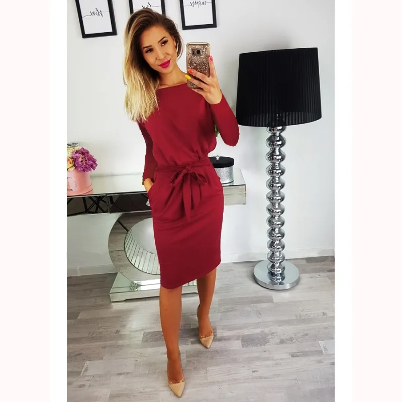 

sashes empire slash neck solid woman dress above knee mini sexy comfortable fashion sheath slim female dress