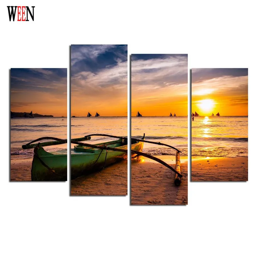 WEEN Sunset City Canvas Art 4Pcs Modern HD Scenery Wall Pictures Painting For Home Decorative Modular Posters Printed On | Дом и сад