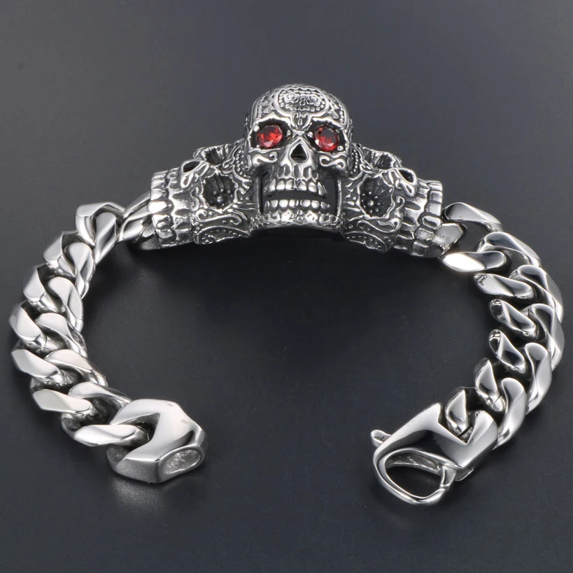 Мужской браслет с головой черепа массивный тяжелый из нержавеющей стали красным