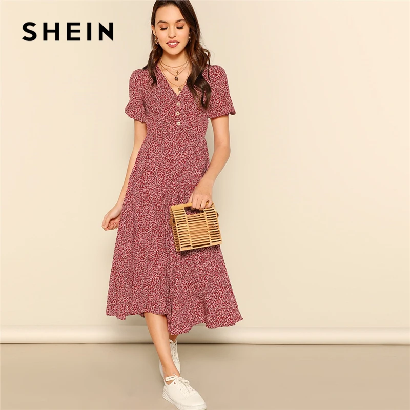 SHEIN модное женское платье с v-образным вырезом и пуговицами спереди,, шикарное летнее бордовое ТРАПЕЦИЕВИДНОЕ ПЛАТЬЕ С Коротким Рукавом и расклешенными рукавами