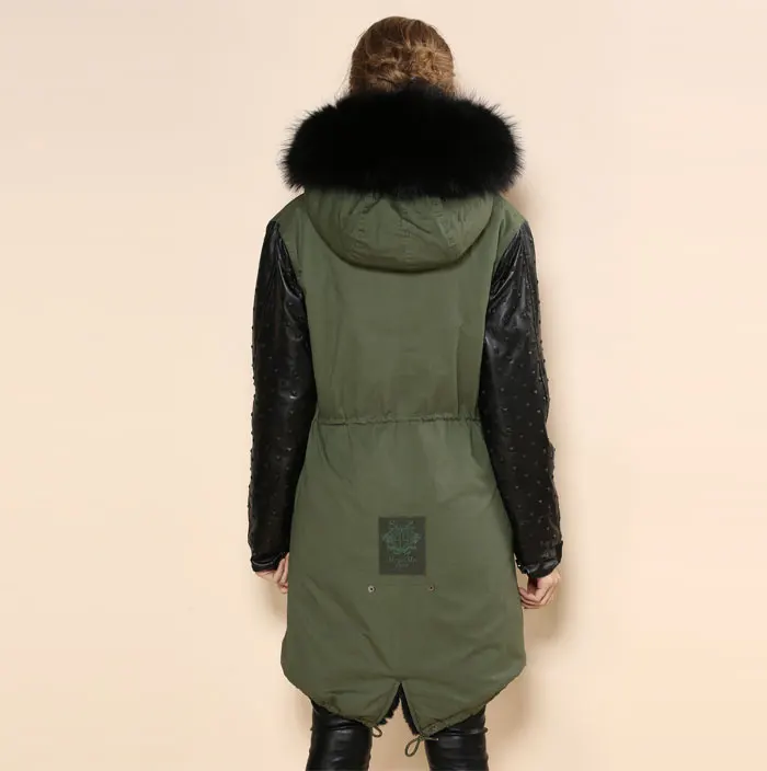 Модные зимние теплые меховые пальто с кожаным рукавом армейского зеленого цвета