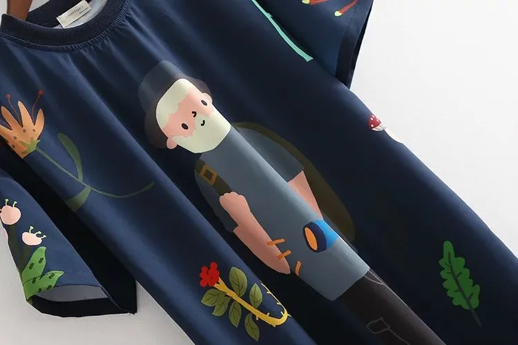 Летние женские блузки размера плюс, Kawaii, повседневные, мультяшный рисунок, Синий принт, длинные, модные, повседневные, свободные, женские, длинные блузки, NS457
