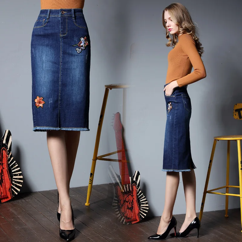 Вышивка Джинсовые юбки Для женщин летние топы Мода Высокая талия юбка флэш