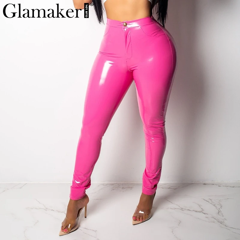 Glamaker PU Черные женские брюки с высокой талией летнее сексуальное облегающее платье женские узкие брюки женские вечерние Клубные сексуальные весенние брюки низ - Цвет: rose red