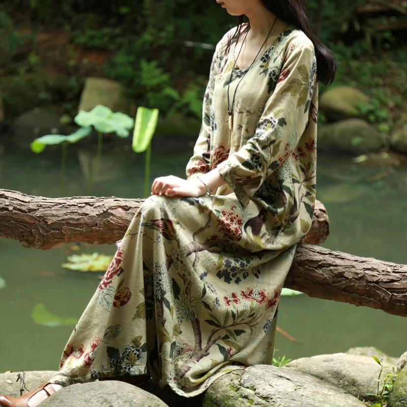 SCUWLINEN Vestidos 2019 Демисезонный женское платье в китайском стиле халаты Винтаж принт