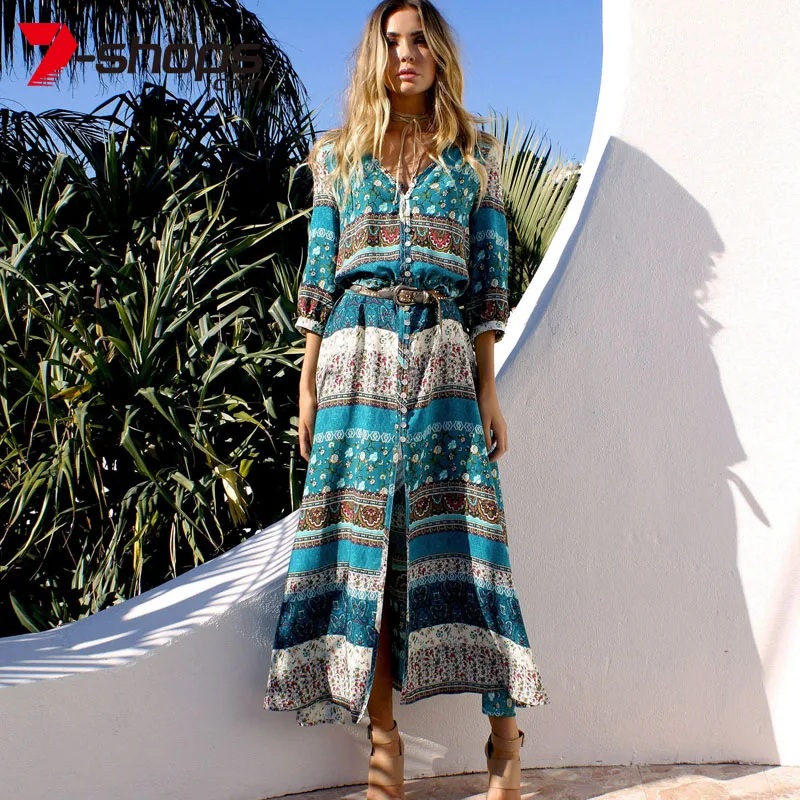Женские пляжные платья в стиле бохо длинное платье с богемным принтом и