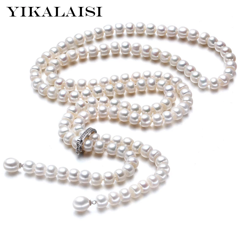 Длинное ожерелье YIKALAISI 2017 натуральный пресноводный жемчуг 8-9 мм серебро 100% пробы