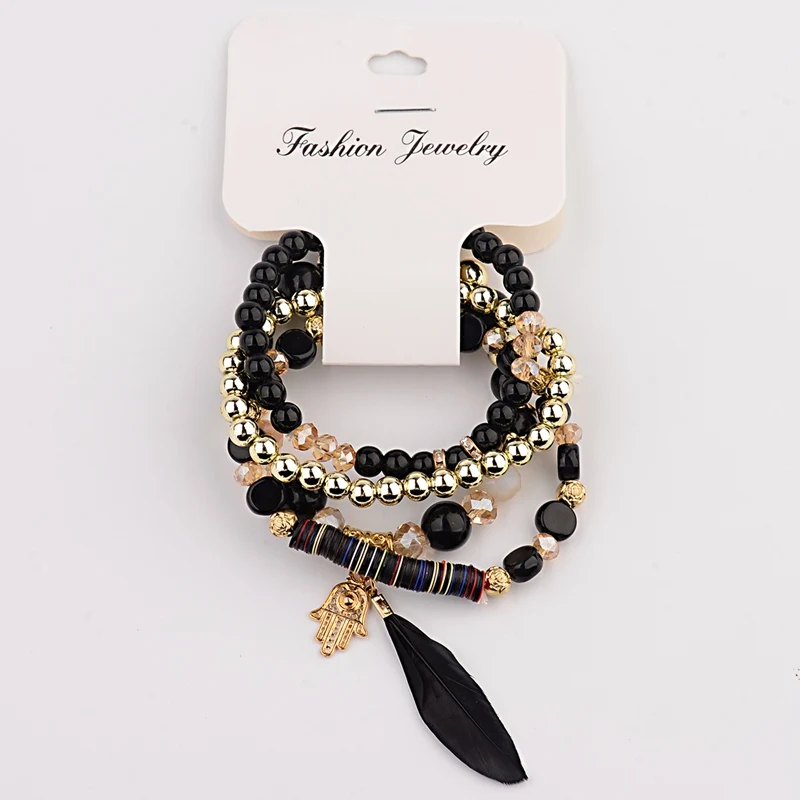 OIQUEI Fashion Chakra Crystal Bracelets Set For Women Girls Bohemia Hand Feather Pendents Charm Bracelets Pulseras Mujer - Окраска металла: HXB046-4