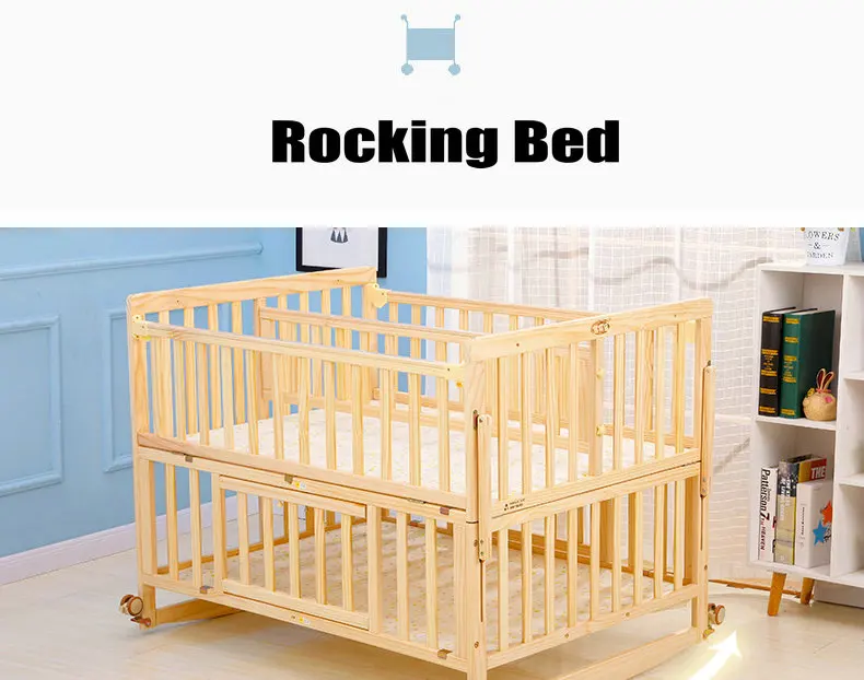 Multifunctional Twins Bed With Bedding Set and Mosquito Net, Bed can Extend and can Joint With Adult Bed, Pine Wood Baby Crib