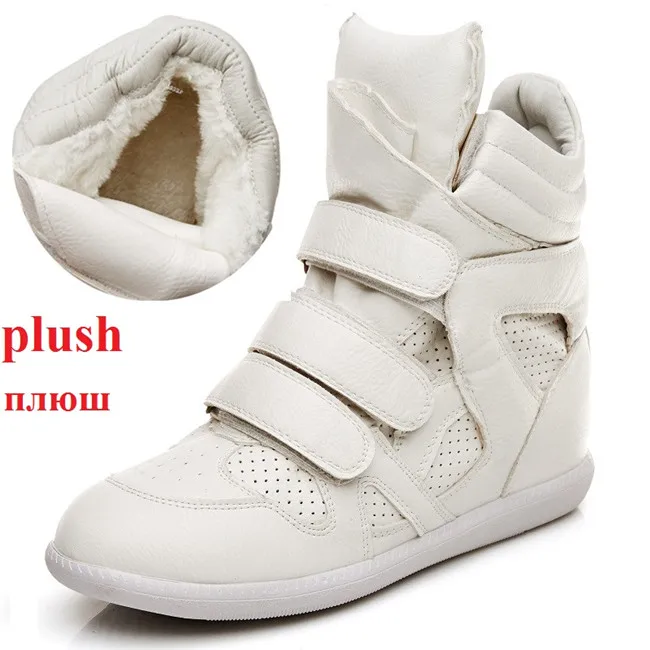 white plush Обувь на танкетке женские ботильоны высокие зимние сапоги со скрытой платформой для женщин, мотоциклетные ботинки Дамская обувь на липучке размера плюс 35-41 - Цвет: white plush