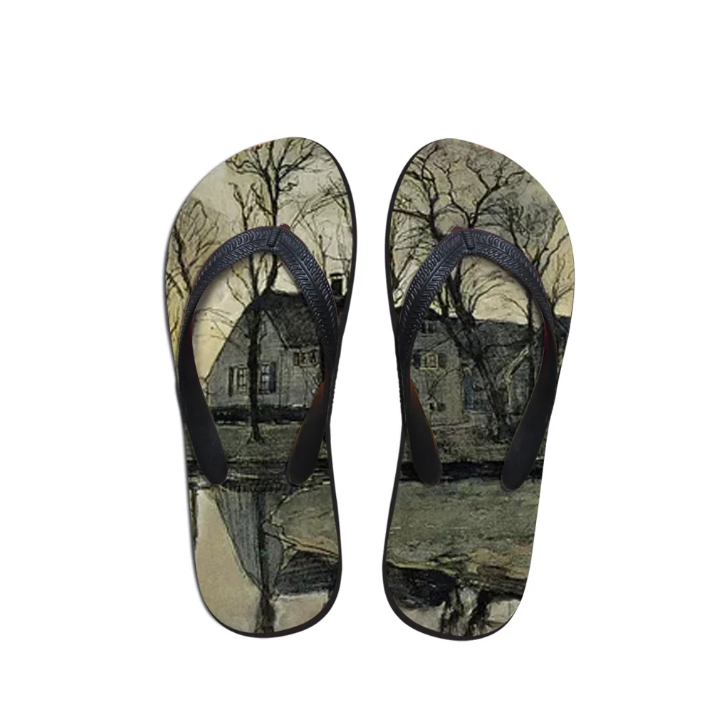 Мужские Пляжные шлепанцы черные Нескользящие сандалии с принтом повседневная