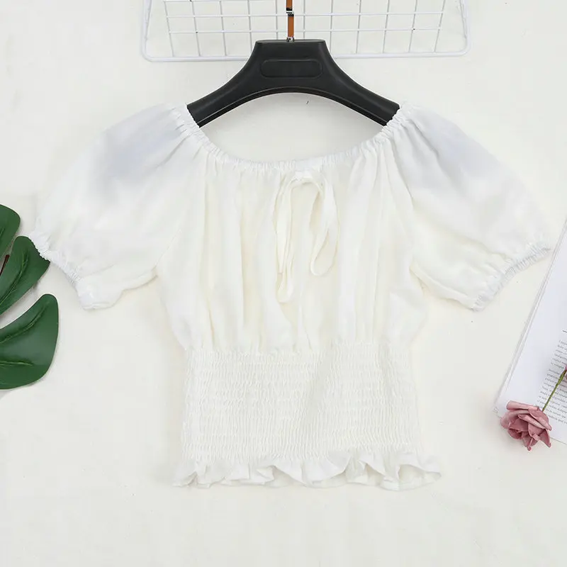 Women Blouse Shirt Женская летняя шифоновая рубашка с оборками и рукавом-фонариком, винтажный короткий эластичный тонкий пуловер, блузка, топы - Цвет: Women Blouse Shirt