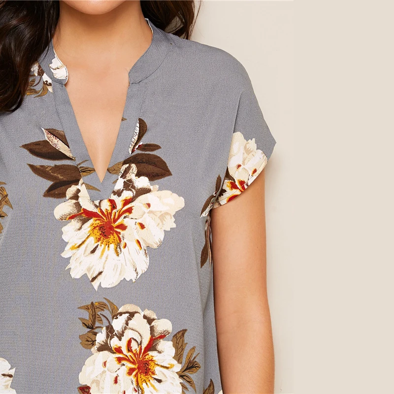 SHEIN модная женская блузка с v-образным вырезом и цветочным принтом, женская летняя Повседневная Блузка в стиле бохо с асимметричным подолом, Женские топы и блузки