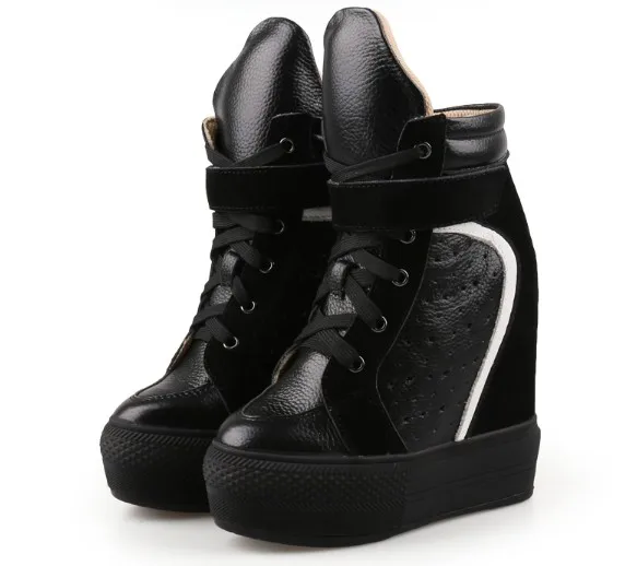 Women Sneakers Casual Platform Trainers Genuine Leather Shoes 14CM Heels Autumn Wedges Breathable Woman Height Increasing | Обувь