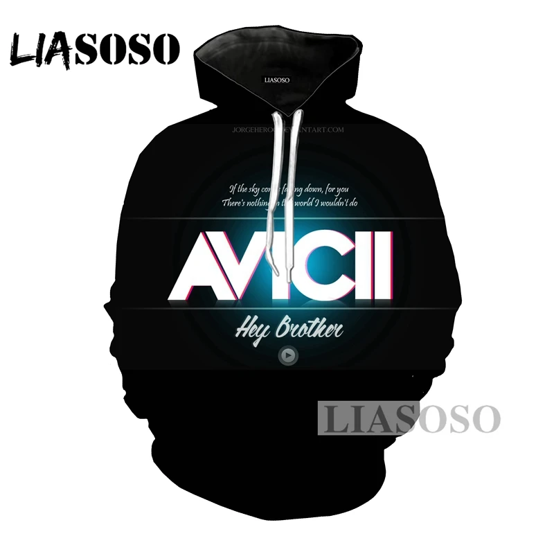 LIASOSO Зимняя мода для мужчин и женщин 3D принт DJ Singer Avicii толстовка с капюшоном в