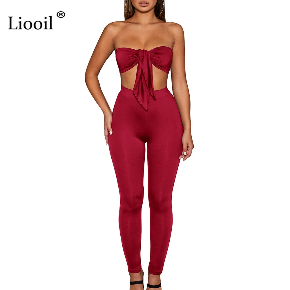 Wine Red Liooil/комплект из 2 предметов без бретелек, женская одежда, сексуальные Клубные наряды, комплект из двух предметов, топ и штаны, черно-белый спортивный костюм, комплект в комплекте - Цвет: Wine Red