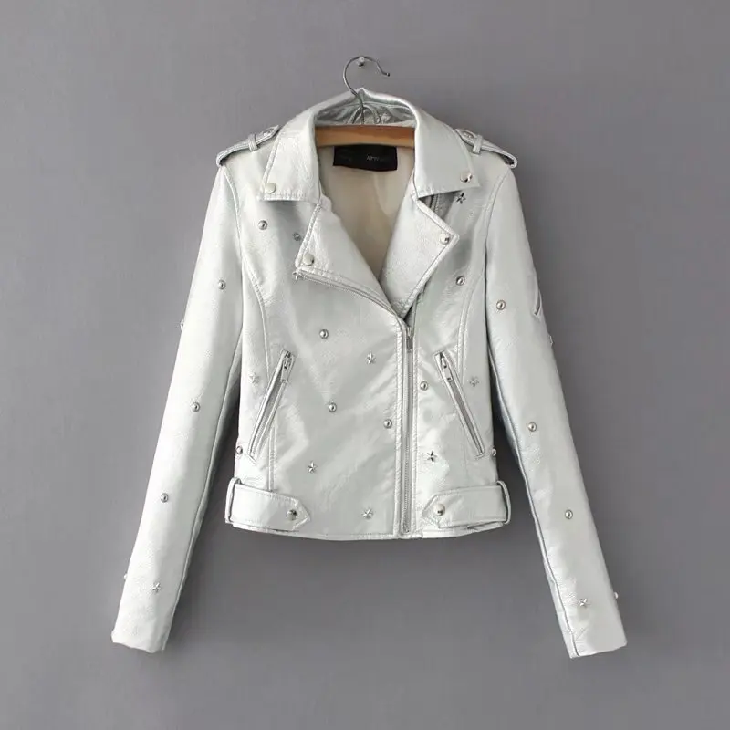 

Women Rivet Leather Jacket Fashion Slim Turn Collar Moto & Biker Leather Coat Outwear 2018 Autumn New S M L XL
