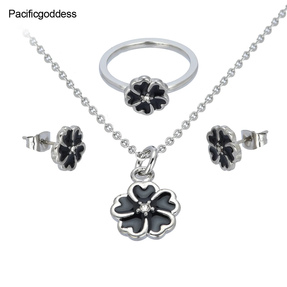 

black color flower stainless steel jewelry set