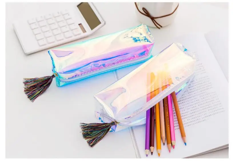 DHL 100 pieces Creative Cool Laser Transparent stationery Silica Gel PVC Plastic Water Proof Pencil pen Bag Tassels make up Case