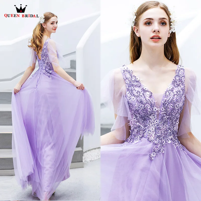 Элегантные фиолетовые вечерние платья а-силуэта с треугольным вырезом из тюля