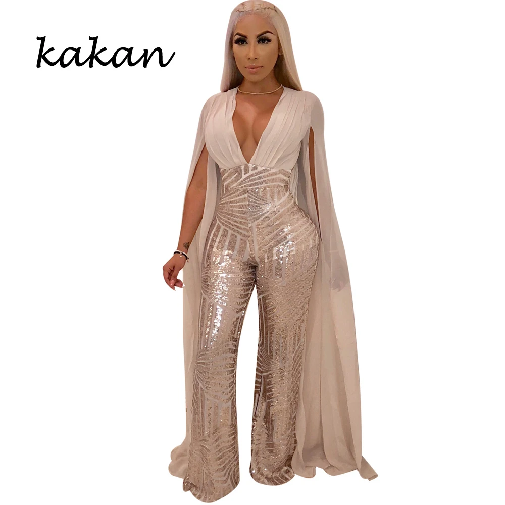 

Kakan 2019 spring new women's sequins one-piece tights sexy deep V-neck chiffon bodysuit irregular backless hollow jumpsuit