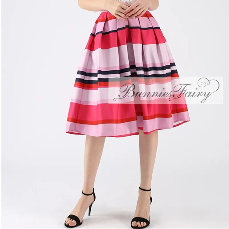 BunniesFairy Autumn Hepburn 1950s 60s Vintage Retro Stayin' Alive Colorful Pink Stripes Geometric Print Pleated Midi Skirt