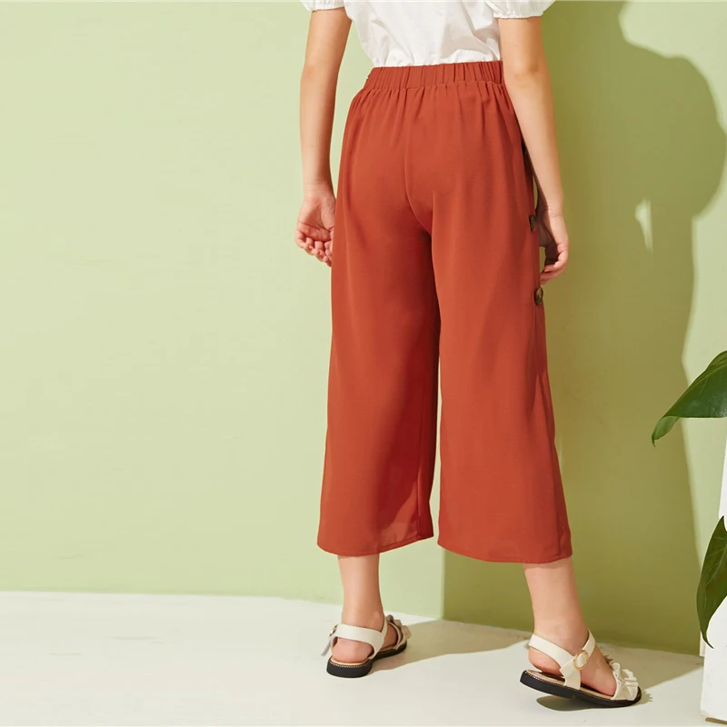SHEIN Kiddie Girls Solid Button Side Pleated Palazzo Casual Pant Kids Bottom Summer High Waist Teenagers Loose Pants