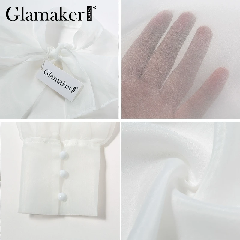 Glamaker белая сексуальная прозрачная блузка с галстуком-бабочкой женская рубашка с пышными рукавами летняя уличная рубашка Топ женская элегантная сетчатая блузка