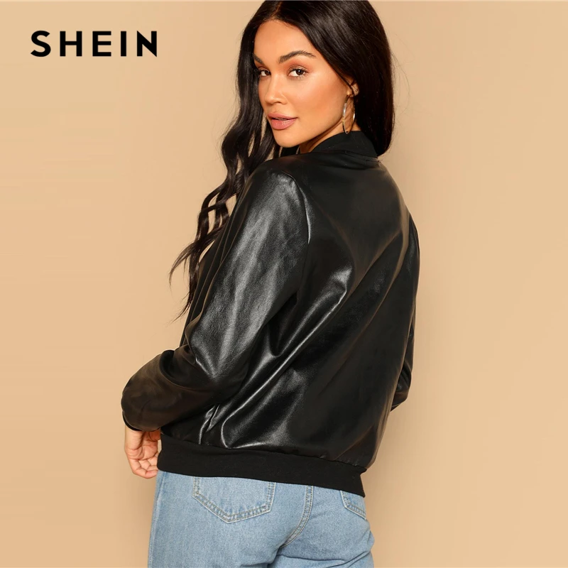 SHEIN Искусственный Кожаный Жакет-Бомбер На Молнии, Кожаная Куртка На Молнии, Куртка Из Эко Кожи