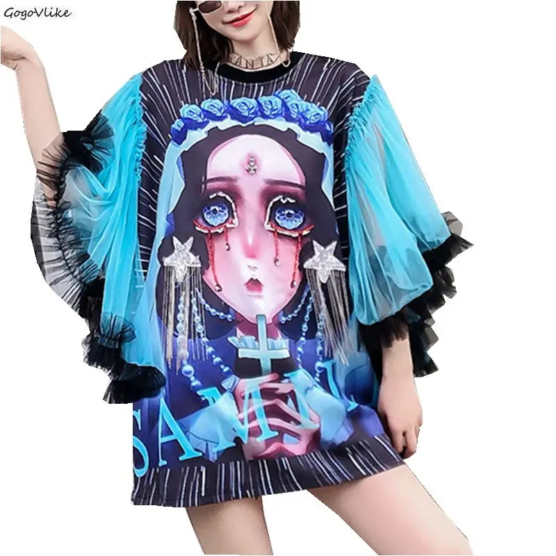 Платье из тюля с мультяшным принтом модное летнее Мини Harajuku длинным рукавом и