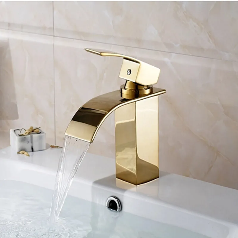 

Deck Mount Waterfall Bathroom Faucet Vanity Vessel Sinks Mixer Tap Golden Basin Faucets Wholesale And Retail